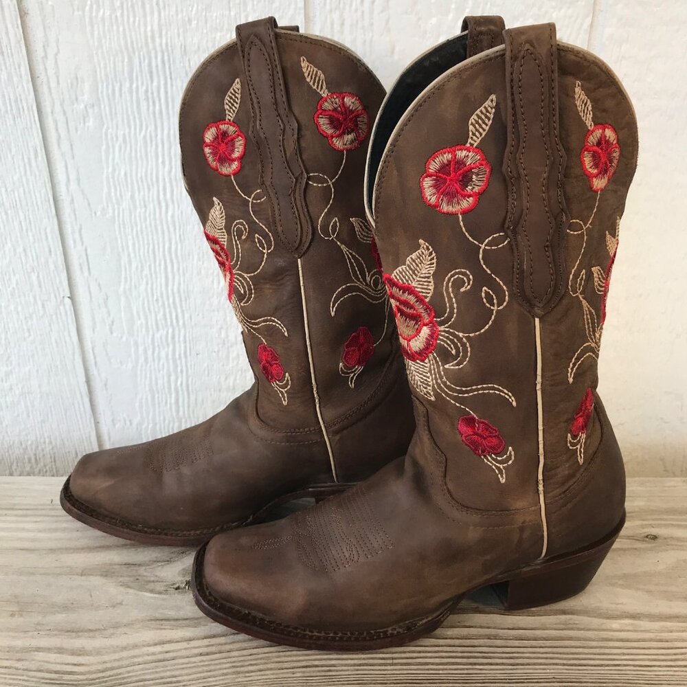 El General Embroidered Red Poppy Womens Brown Leather Western Boots US 8 M MX 25